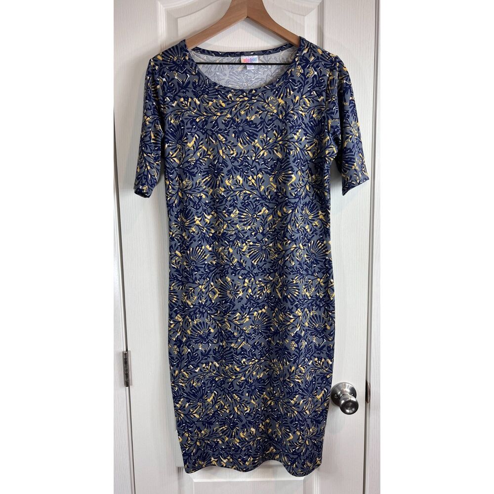 LuLaRoe Women's Julia Dress Navy Blue Yellow Print Short Sleeve Fitted Size L